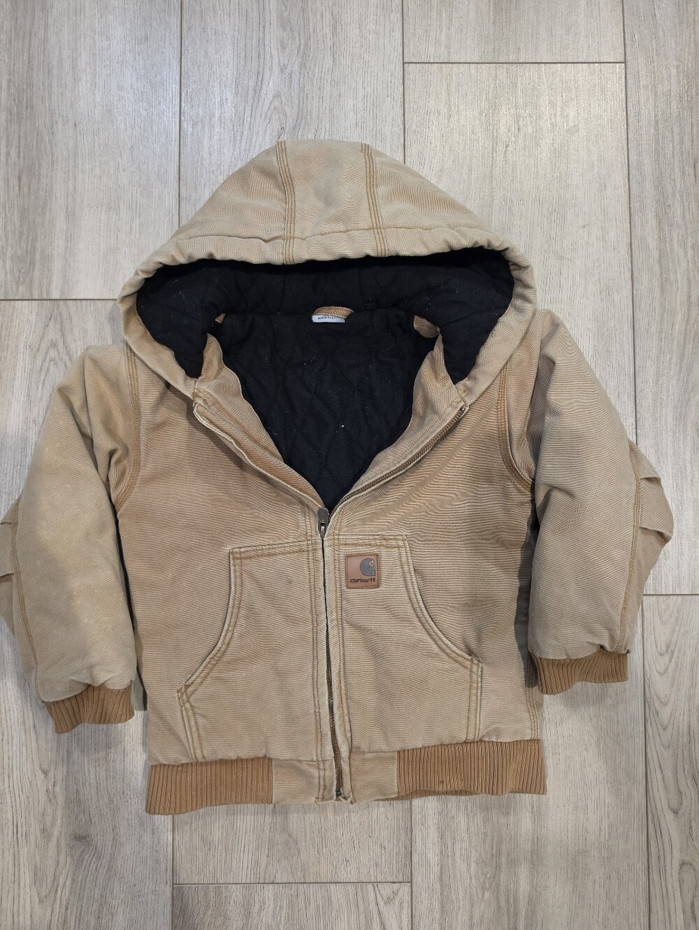 Carhartt Kids Size 7 Tan Duck Canvas Hooded Jacket Quilted Lined Workwear